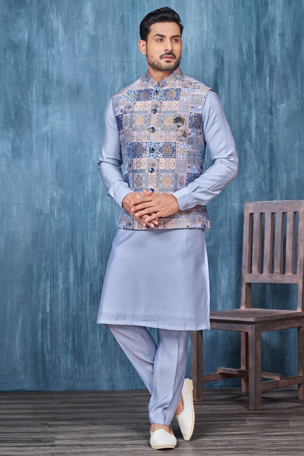 Blue Banarasi Art Silk Man Kurta Pajama With Digital Print Jacquard Jacket