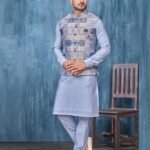 Blue Banarasi Art Silk Man Kurta Pajama With Digital Print Jacquard Jacket