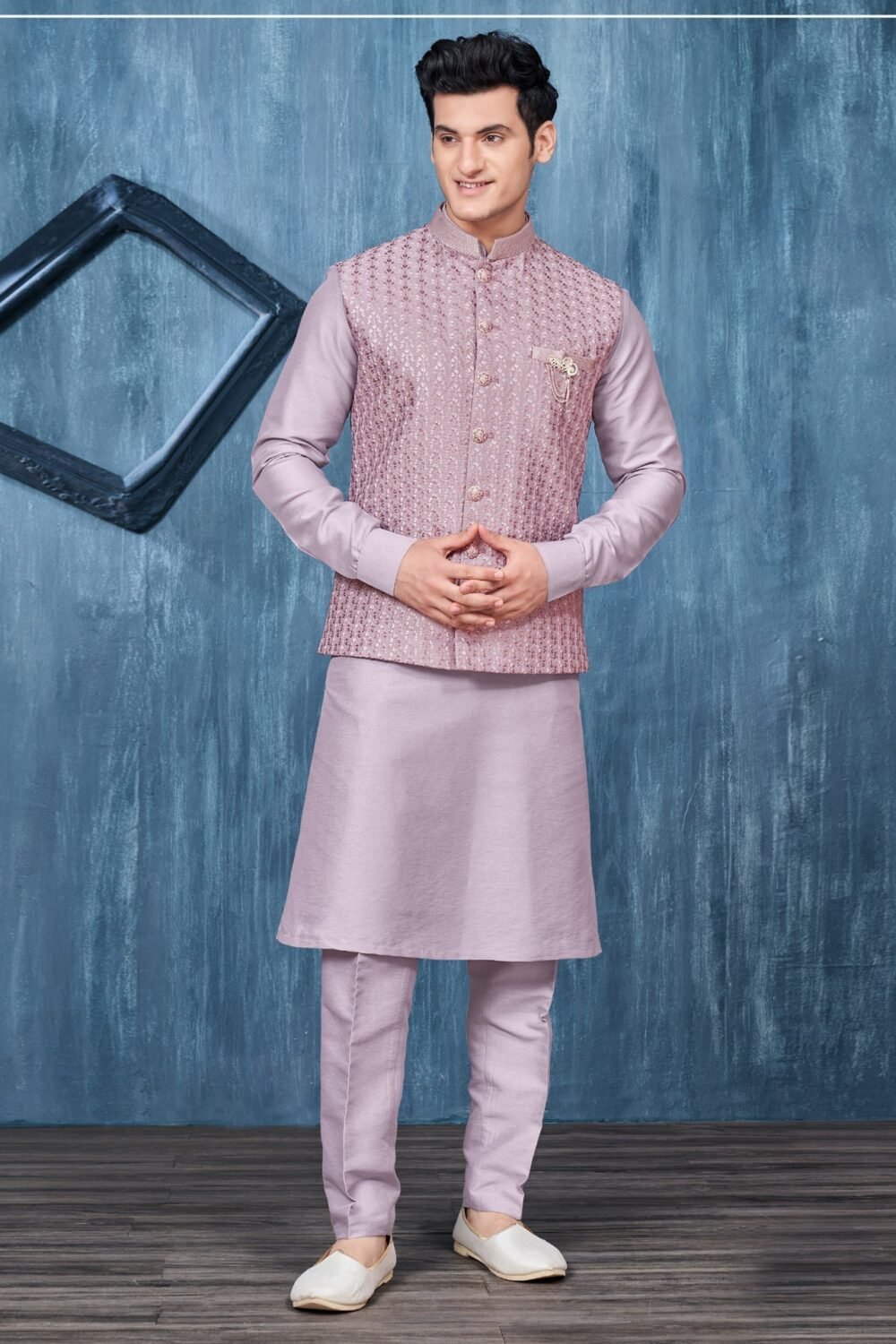 Lavender Banarasi Art Silk Man Kurta Pajama With Embroidered Jacket