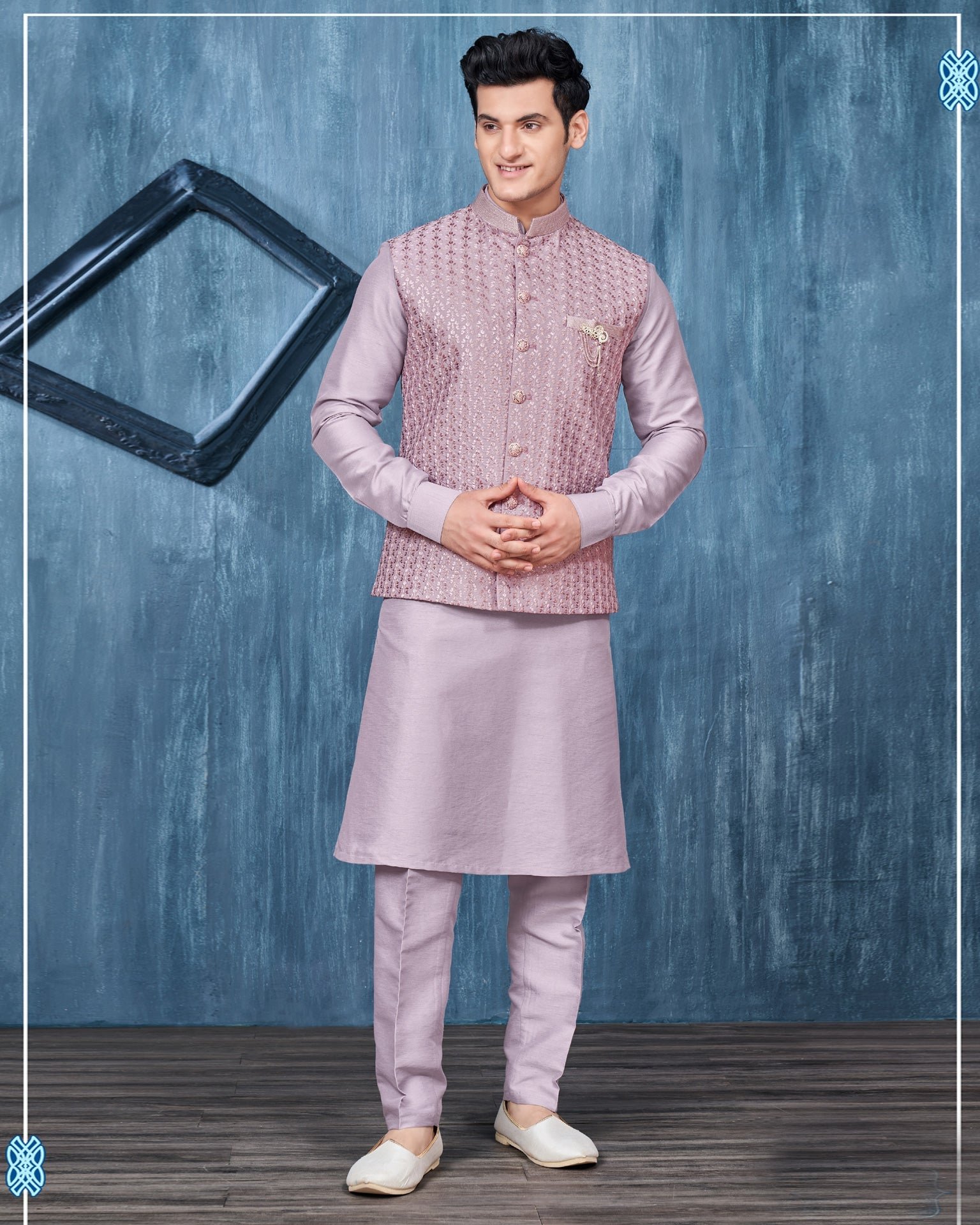 Lavender Banarasi Art Silk Man Kurta Pajama With Embroidered Jacket