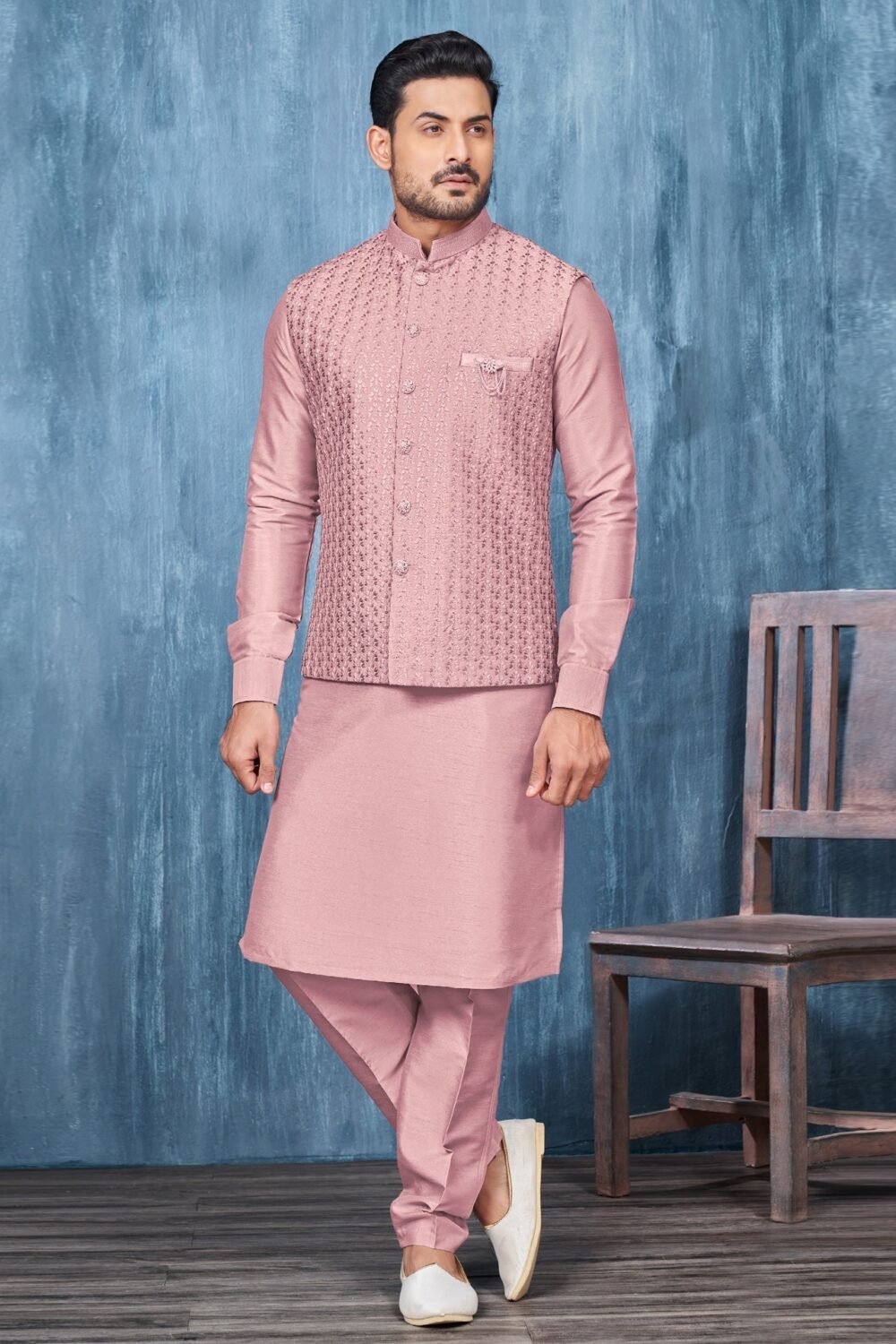Dark Onion Banarasi Art Silk Man Kurta Pajama With Embroidered Jacket