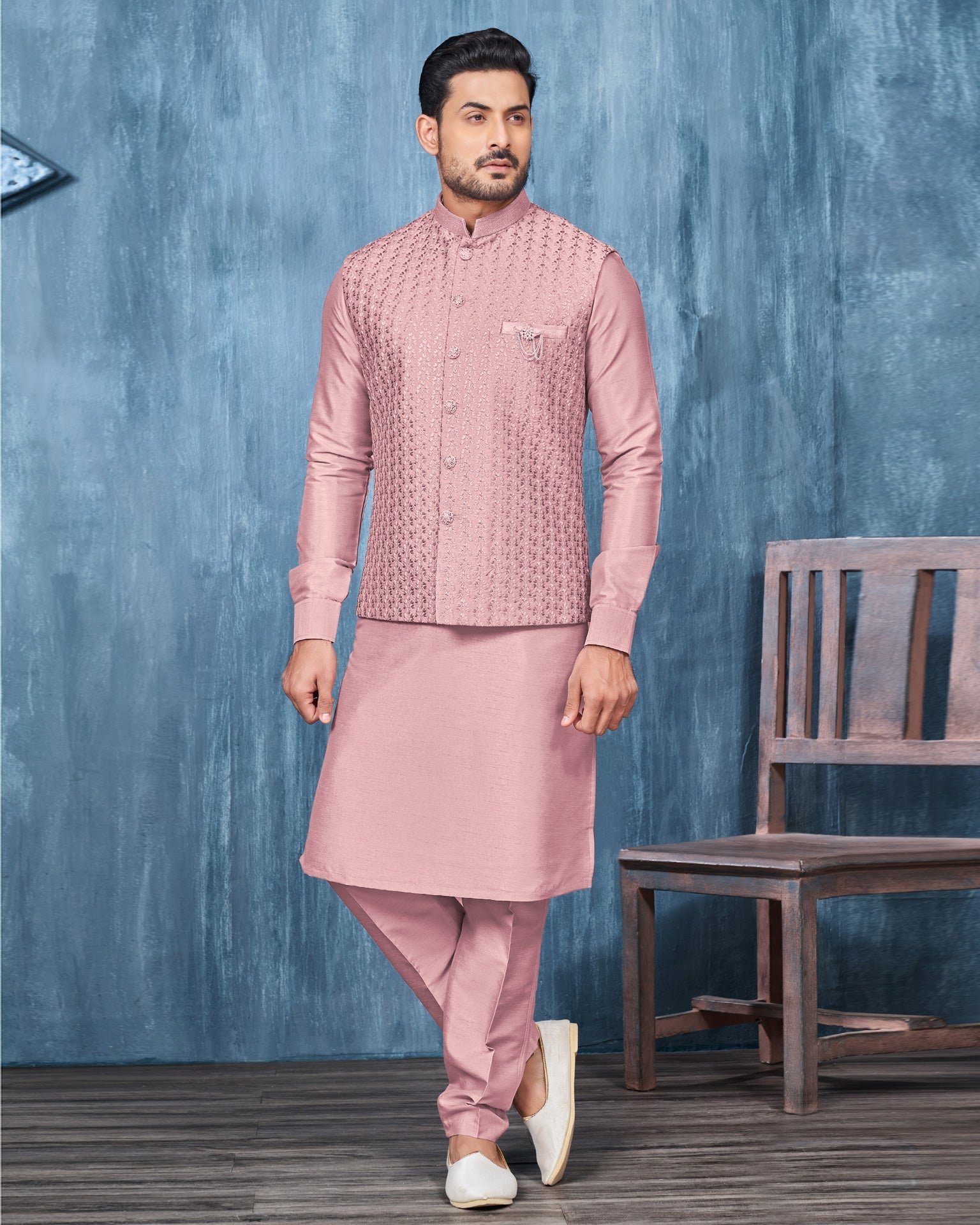 Dark Onion Banarasi Art Silk Man Kurta Pajama With Embroidered Jacket