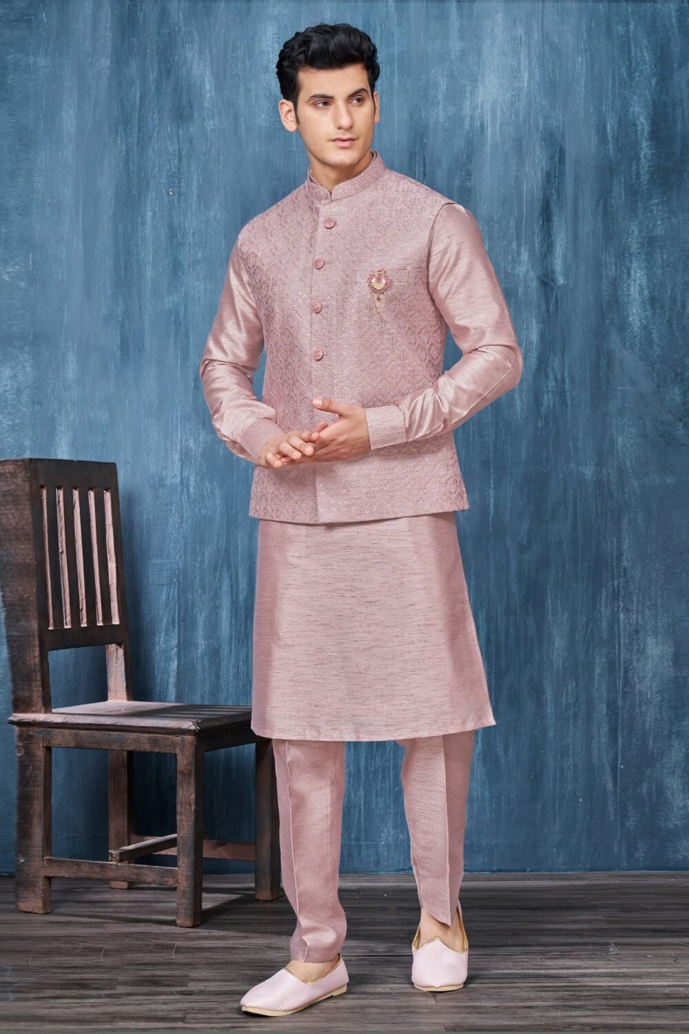 Onion Banarasi Art Silk Man Kurta Pajama With Embroidered Jacket