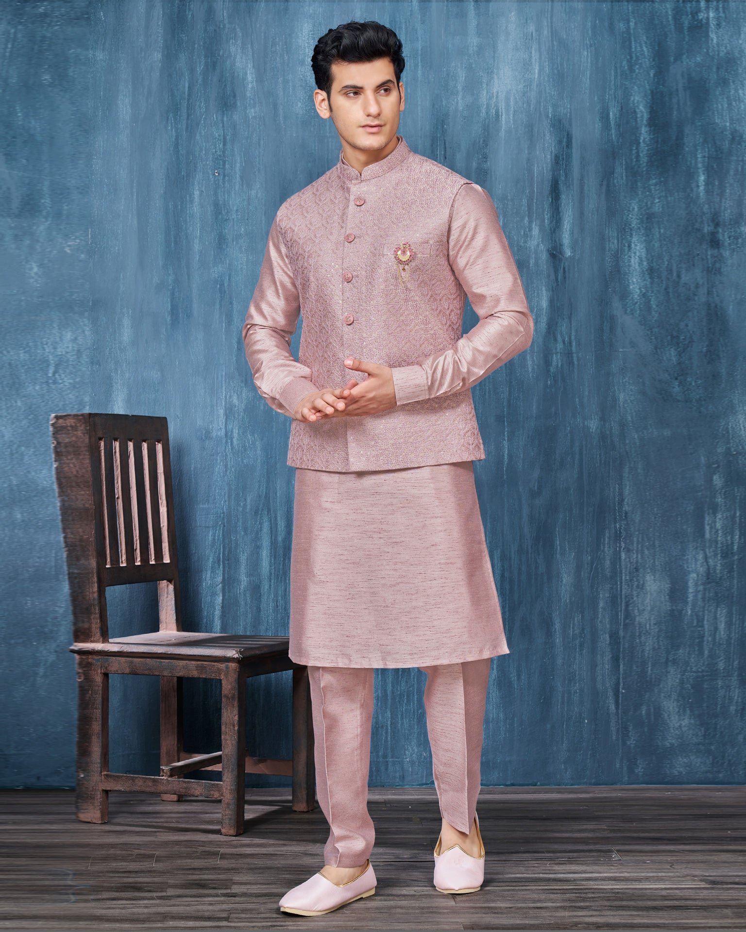 Onion Banarasi Art Silk Man Kurta Pajama With Embroidered Jacket