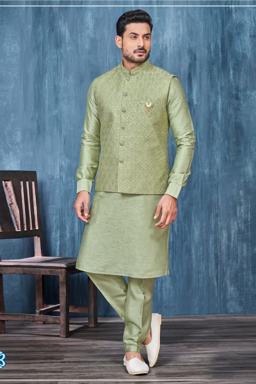 Green Banarasi Art Silk Man Kurta Pajama With Embroidered Jacket