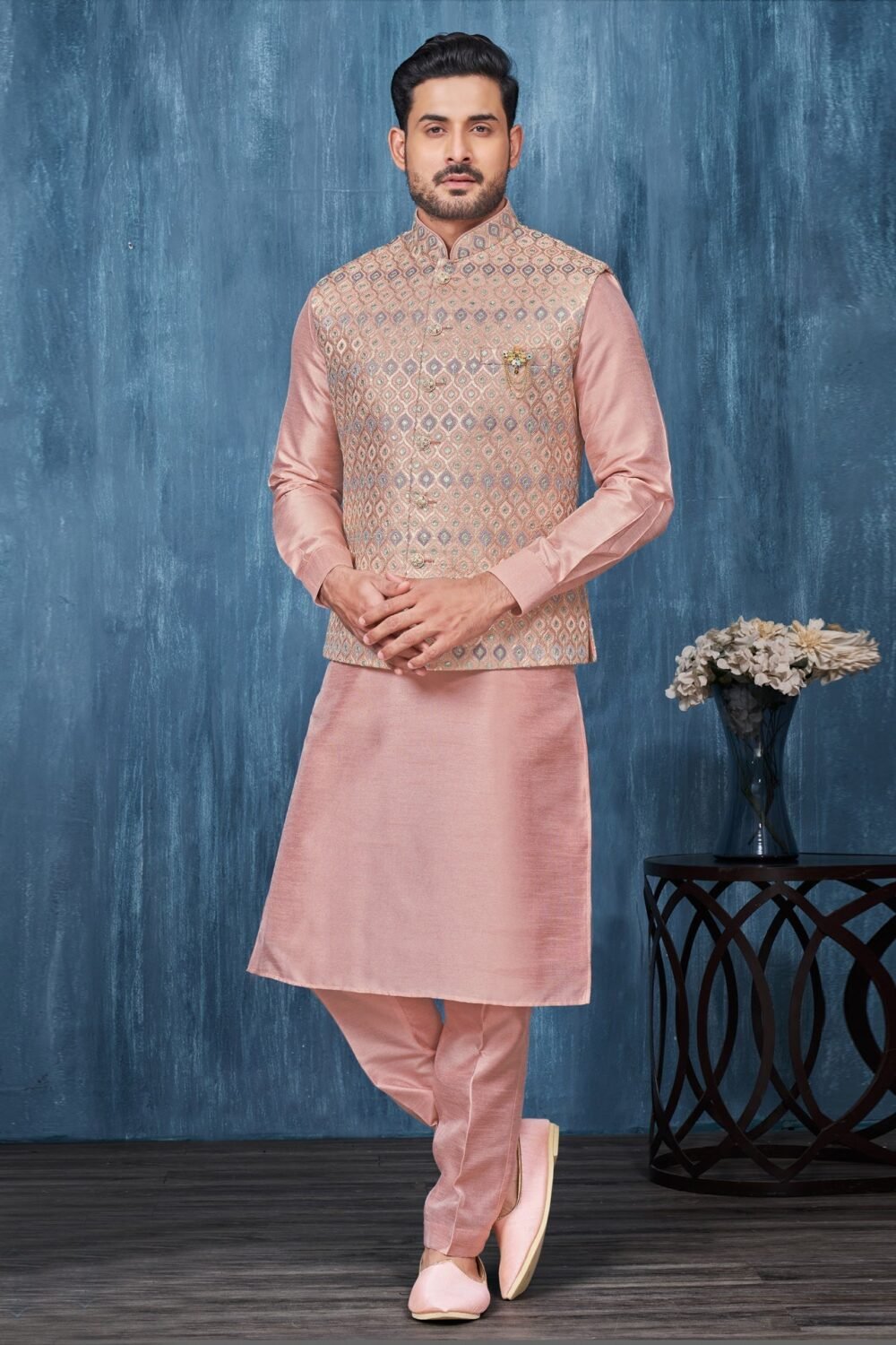 Pink Banarasi Art Silk Man Kurta Pajama With Embroidered Jacket