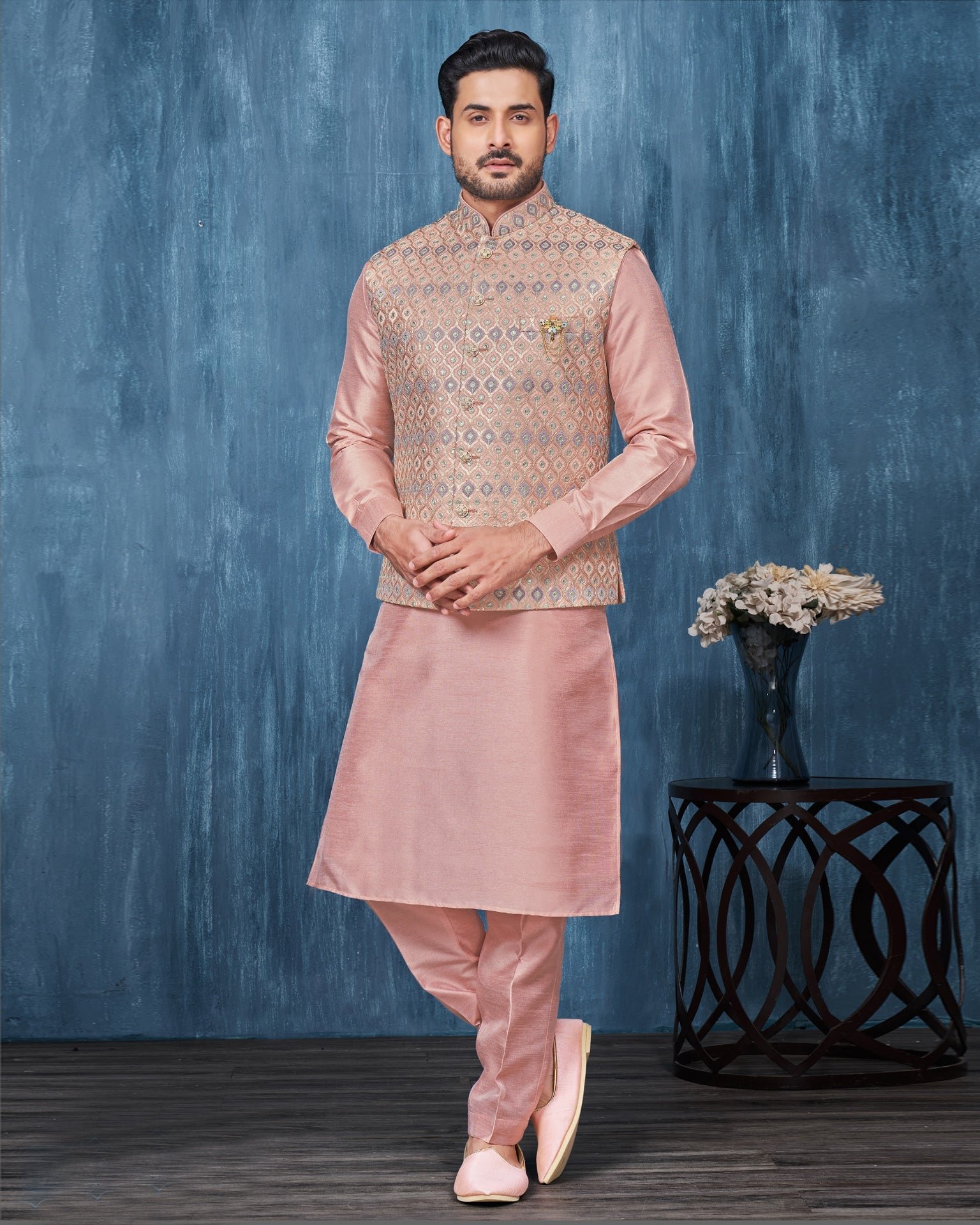 Pink Banarasi Art Silk Man Kurta Pajama With Embroidered Jacket