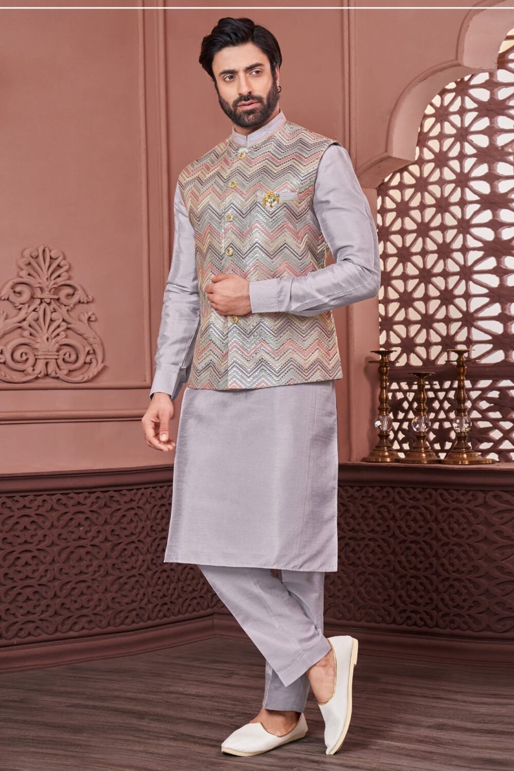 Grey Banarasi Art Silk Man Kurta Pajama With Embroidered Jacket
