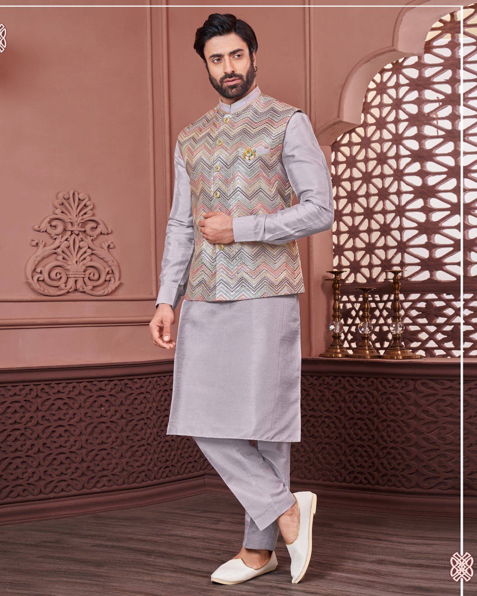 Grey Banarasi Art Silk Man Kurta Pajama With Embroidered Jacket