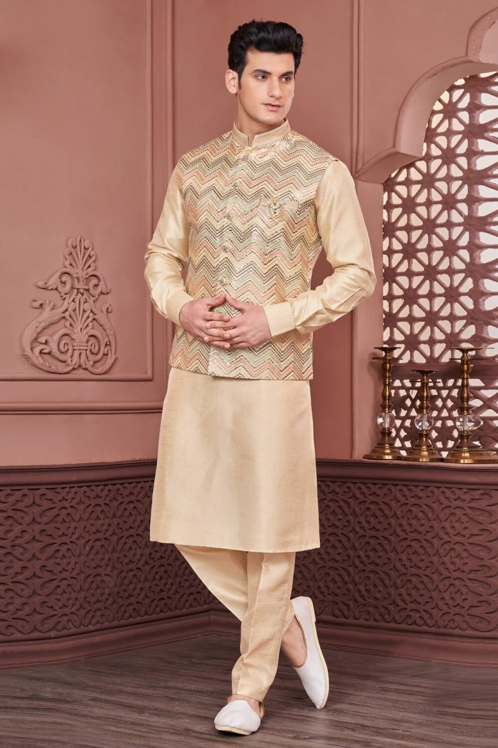 Yellow Banarasi Art Silk Man Kurta Pajama With Embroidered Jacket