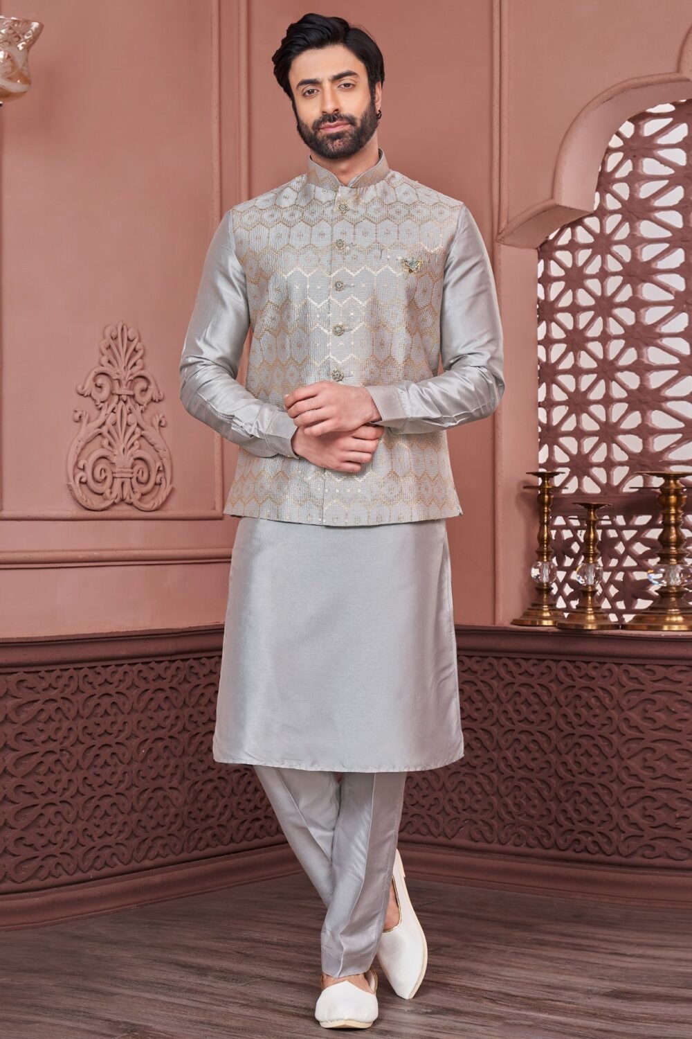 Grey Banarasi Art Silk Man Kurta Pajama With Embroidered Jacket