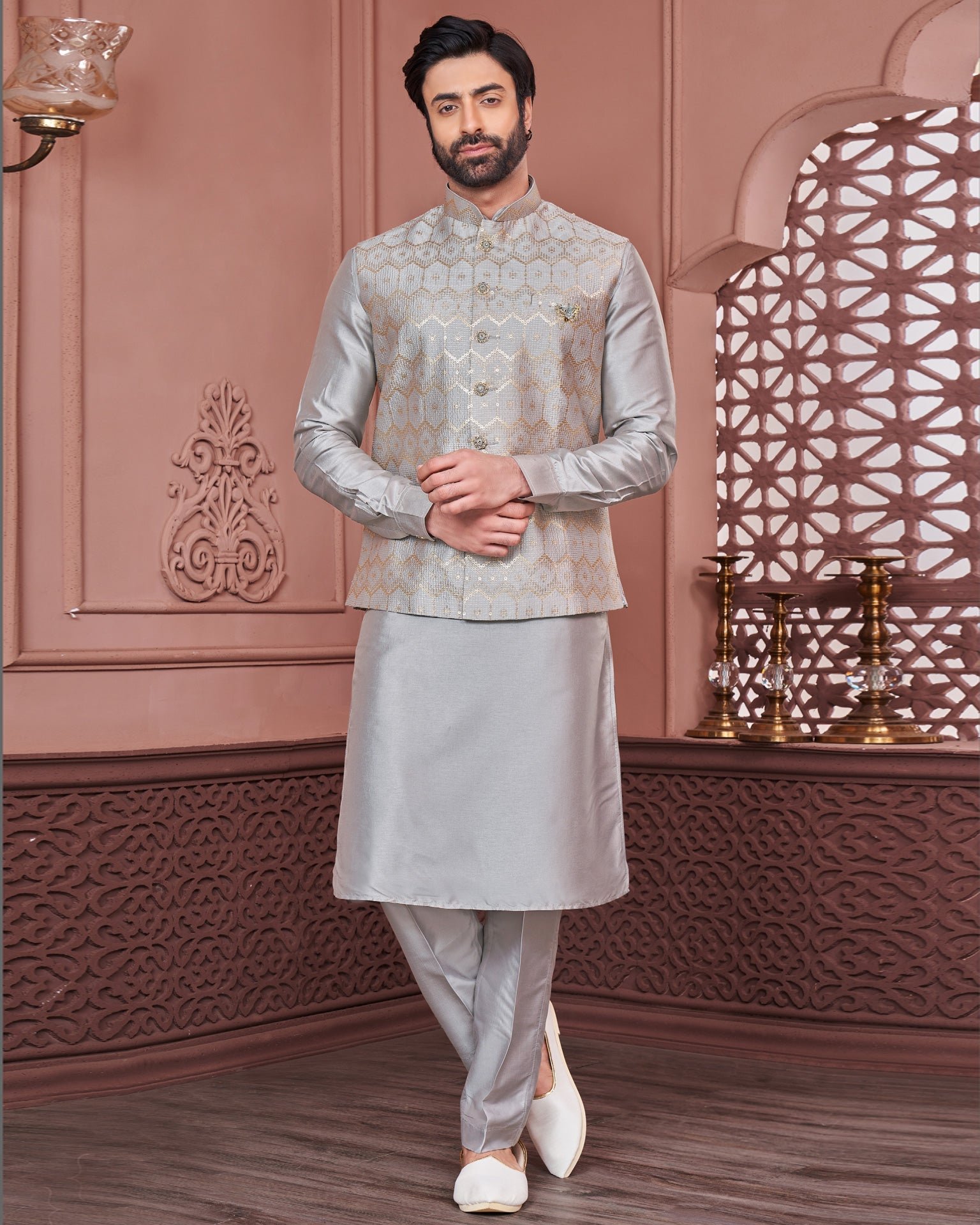 Grey Banarasi Art Silk Man Kurta Pajama With Embroidered Jacket