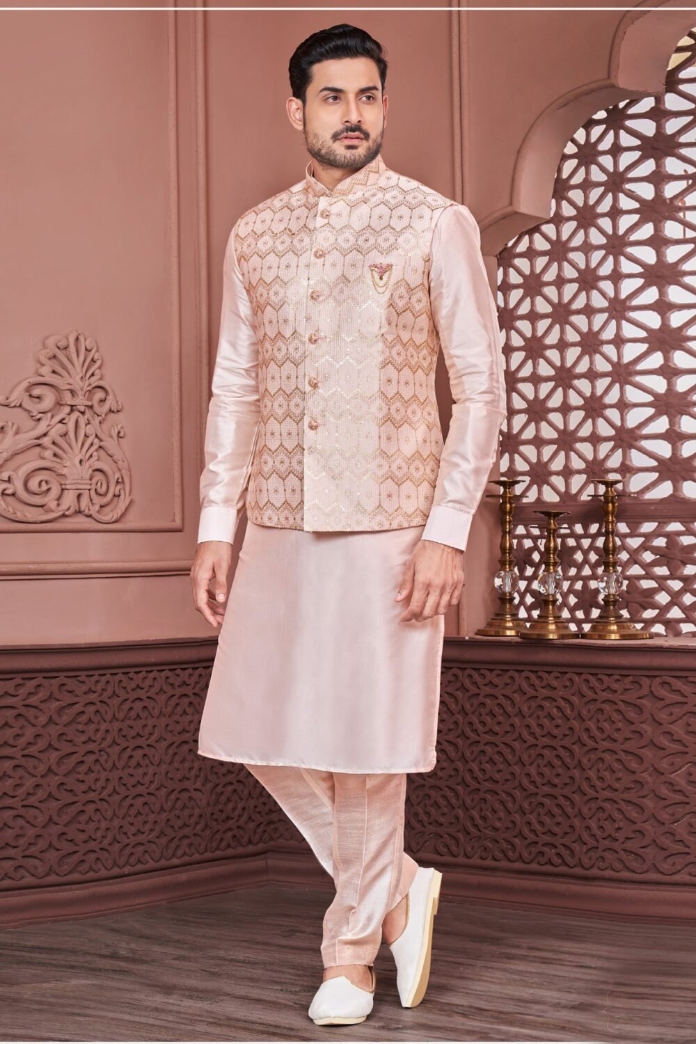 Peach Banarasi Art Silk Man Kurta Pajama With Embroidered Jacket