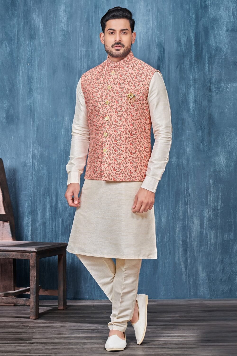 Cream Banarasi Art Silk Man Kurta Pajama With Pink Embroidered Jacket