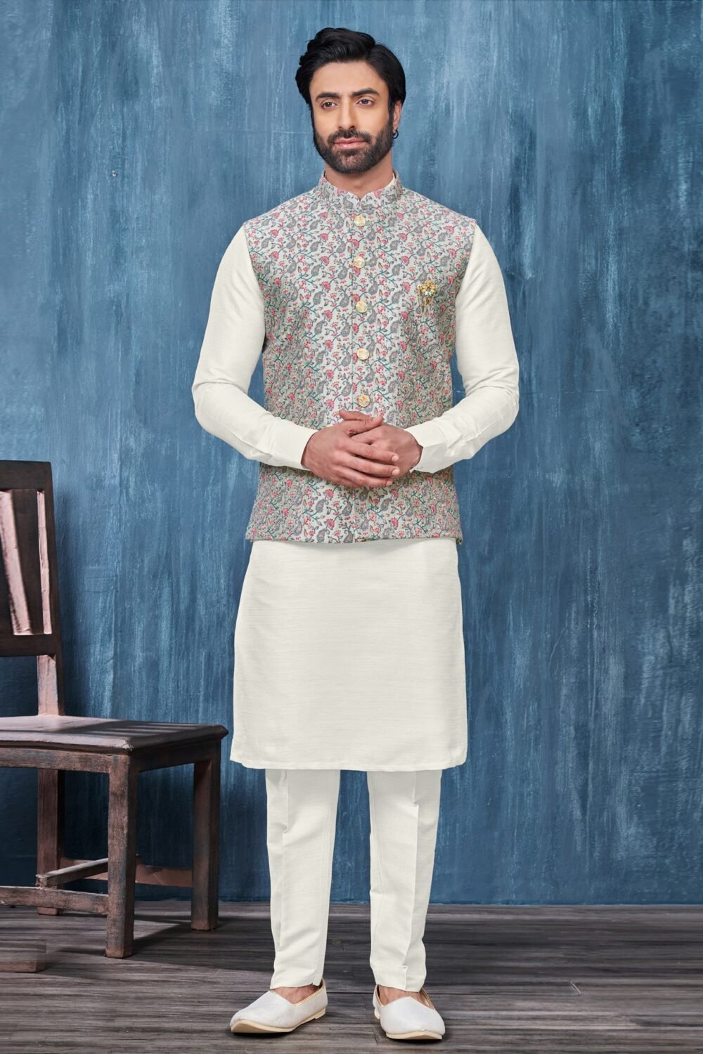Cream Banarasi Art Silk Man Kurta Pajama With Pista Green Embroidered Jacket