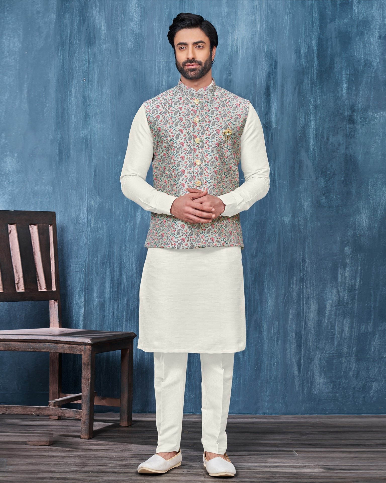 Cream Banarasi Art Silk Man Kurta Pajama With Pista Green Embroidered Jacket