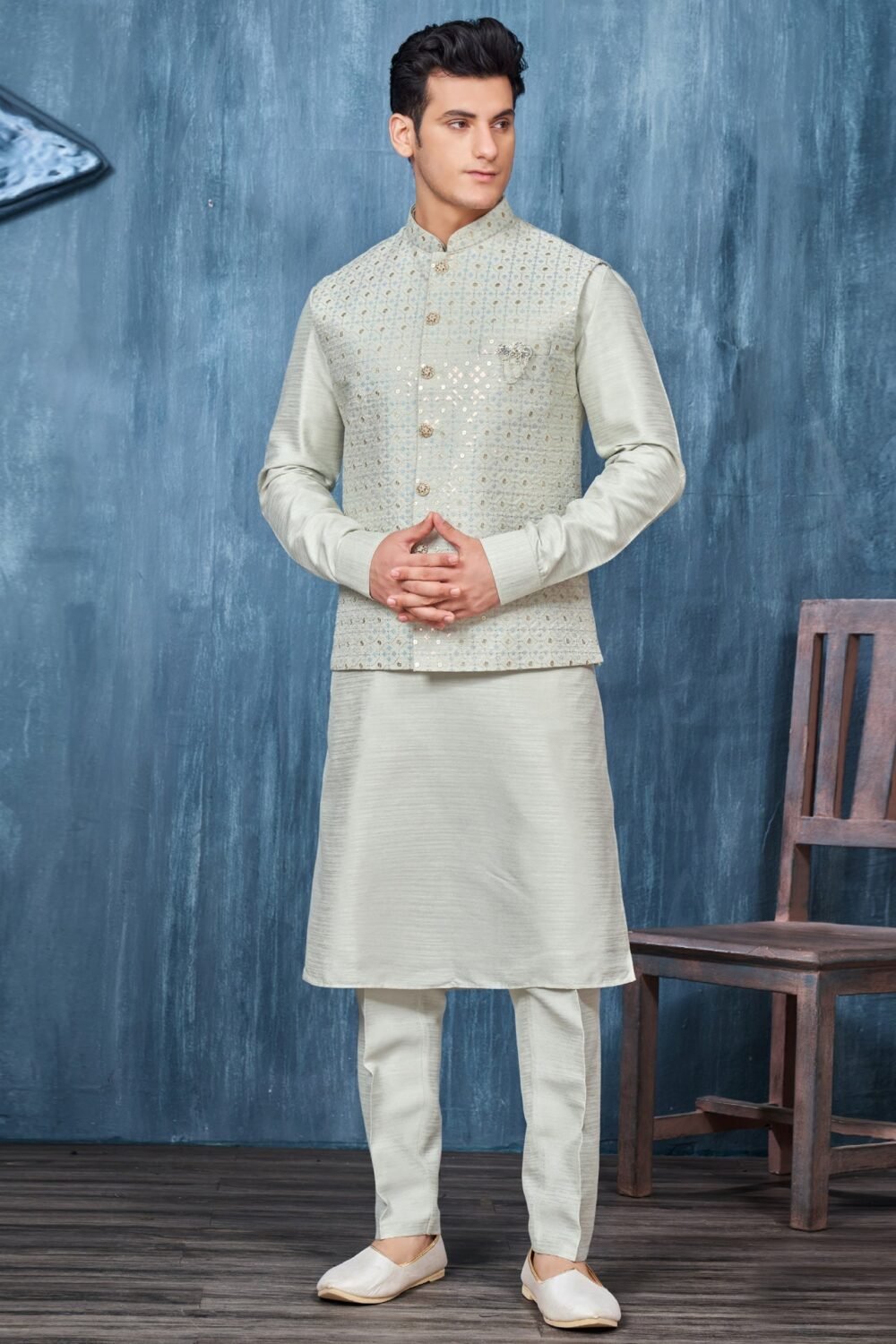Grey Banarasi Art Silk Man Kurta Pajama With Embroidered Jacket