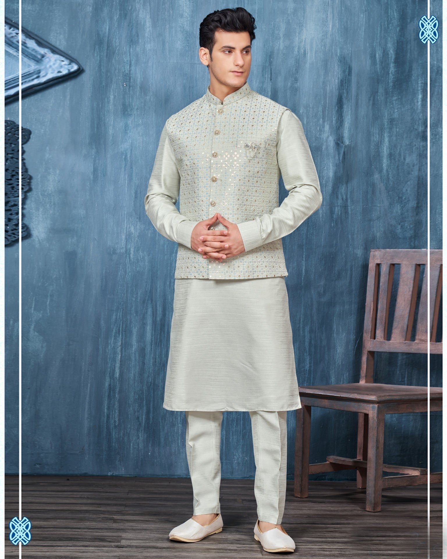Grey Banarasi Art Silk Man Kurta Pajama With Embroidered Jacket