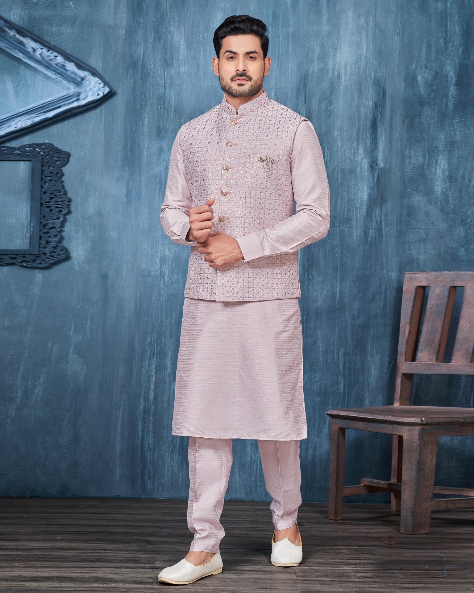 Light Purple Banarasi Art Silk Man Kurta Pajama With Embroidered Jacket