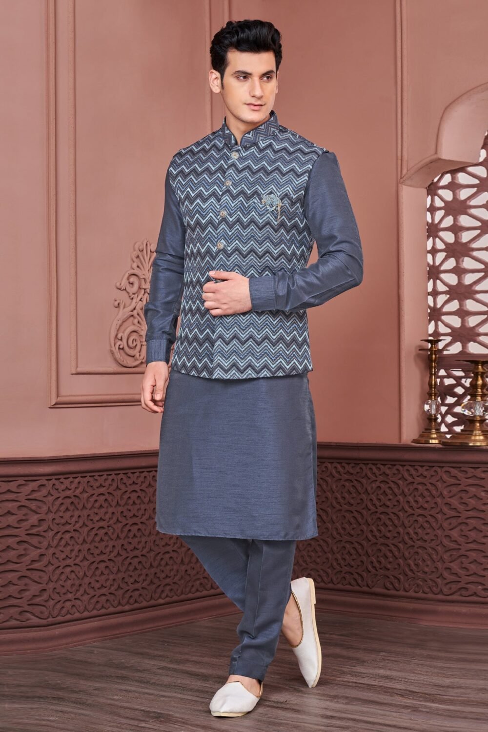Blue Banarasi Art Silk Man Kurta Pajama With Embroidered Jacket