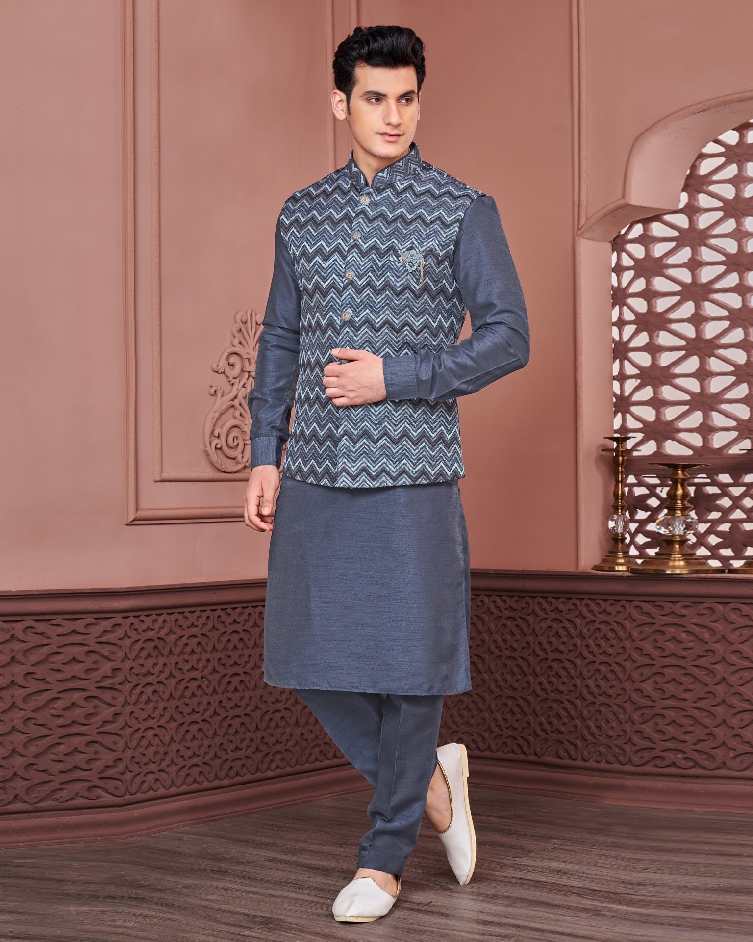 Blue Banarasi Art Silk Man Kurta Pajama With Embroidered Jacket