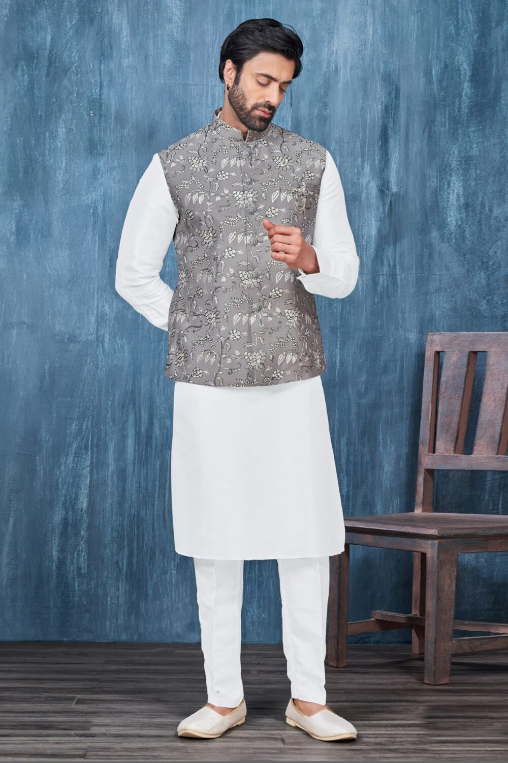 White Banarasi Art Silk Man Kurta Pajama With Grey Embroidered Jacket