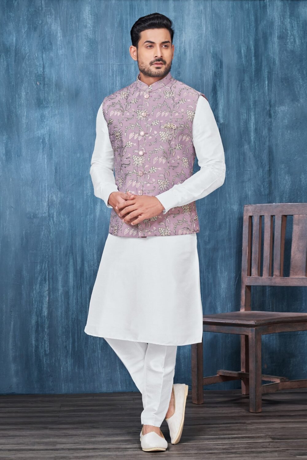 White Banarasi Art Silk Man Kurta Pajama With Lavender Embroidered Jacket