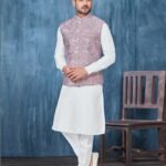 White Banarasi Art Silk Man Kurta Pajama With Lavender Embroidered Jacket