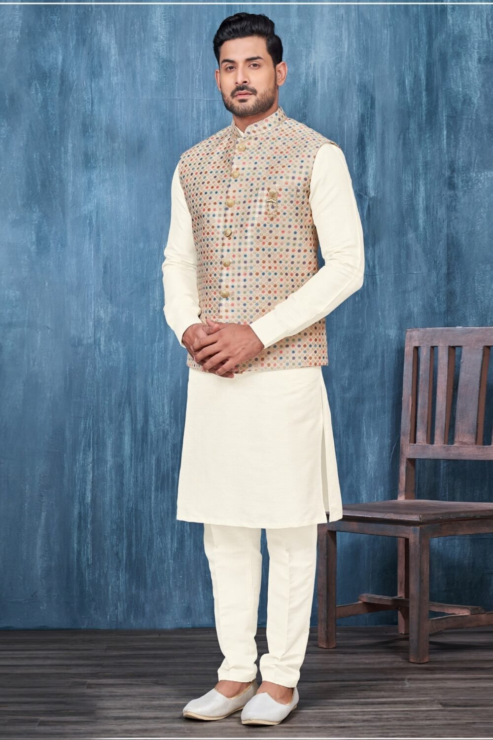 Cream Banarasi Art Silk Man Kurta Pajama With Cream Embroidered Jacket