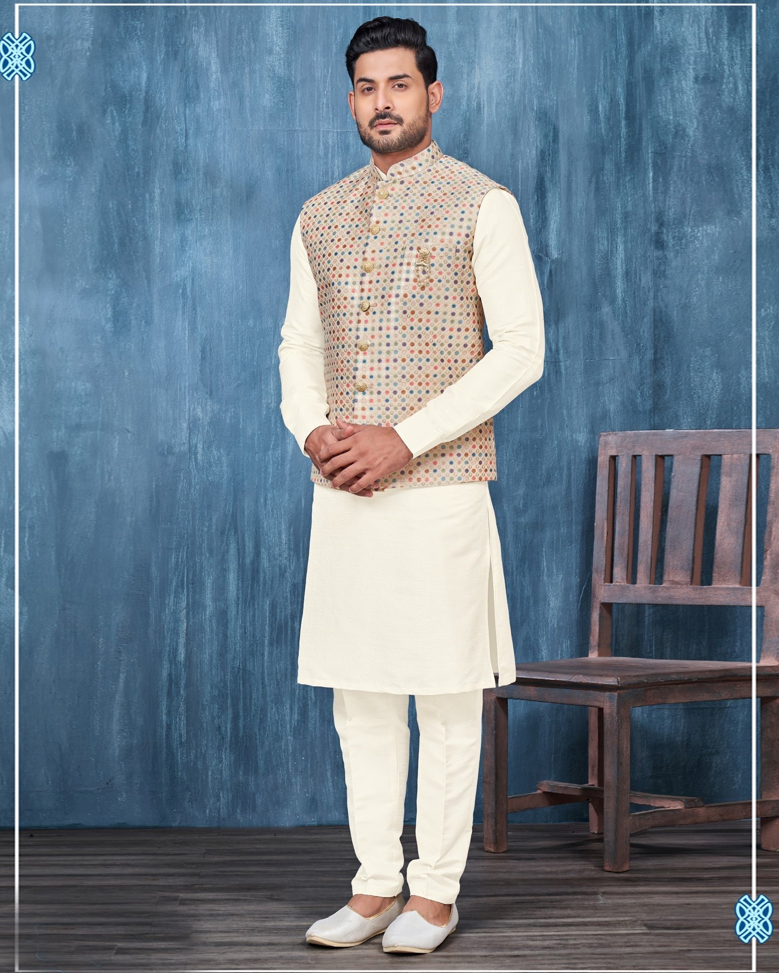 Cream Banarasi Art Silk Man Kurta Pajama With Cream Embroidered Jacket