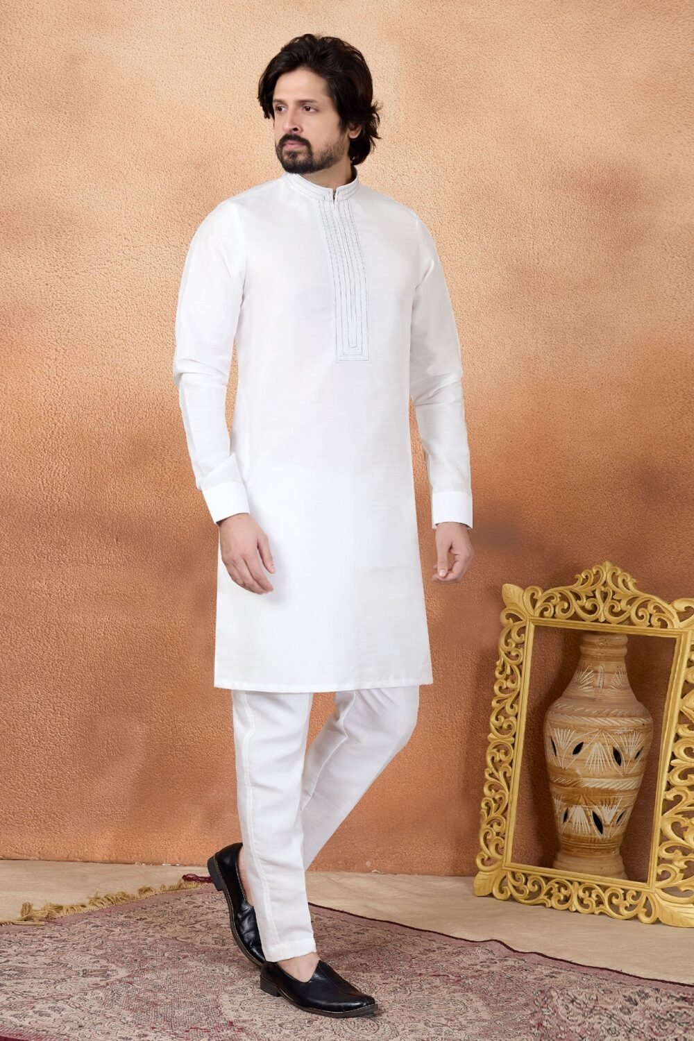 Off White Art Silk Readymade Men Kurta Pajama Set