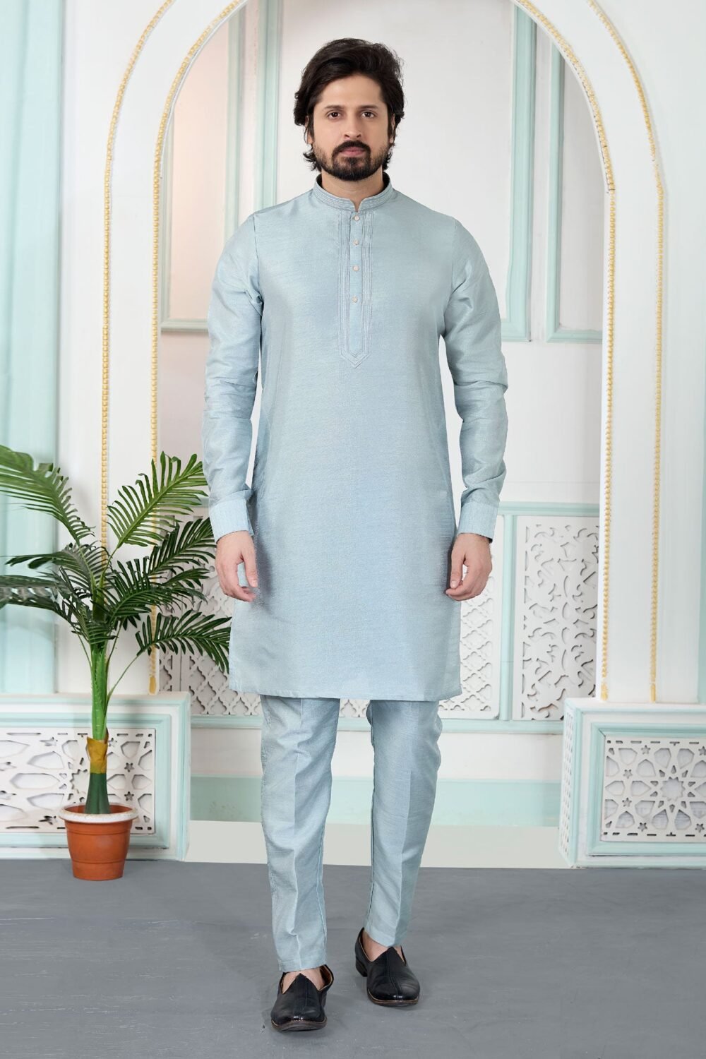 Grey Art Silk Readymade Men Kurta Pajama Set