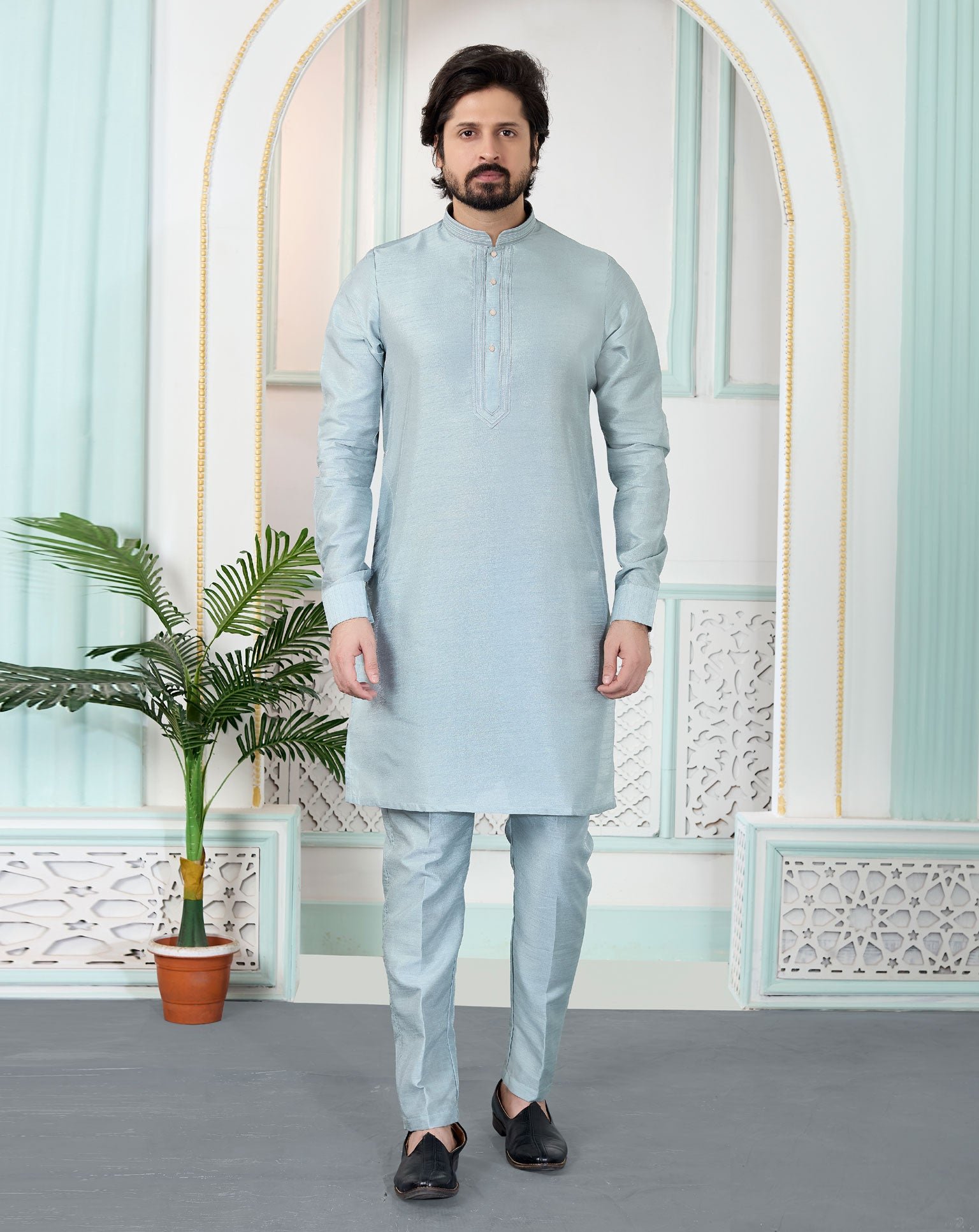 Grey Art Silk Readymade Men Kurta Pajama Set
