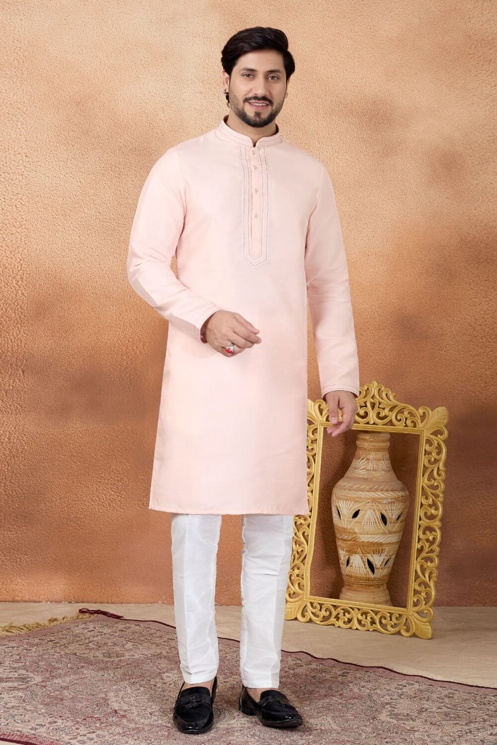 Pink & White Art Silk Readymade Men Kurta Pajama Set