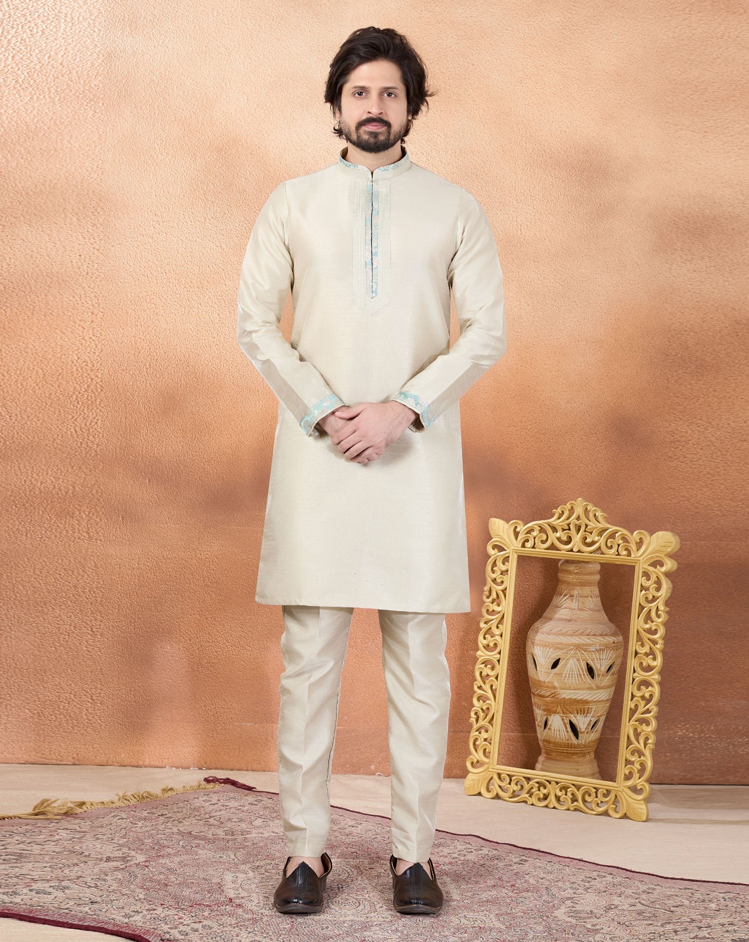 Beige Art Silk Readymade Men Kurta Pajama Set