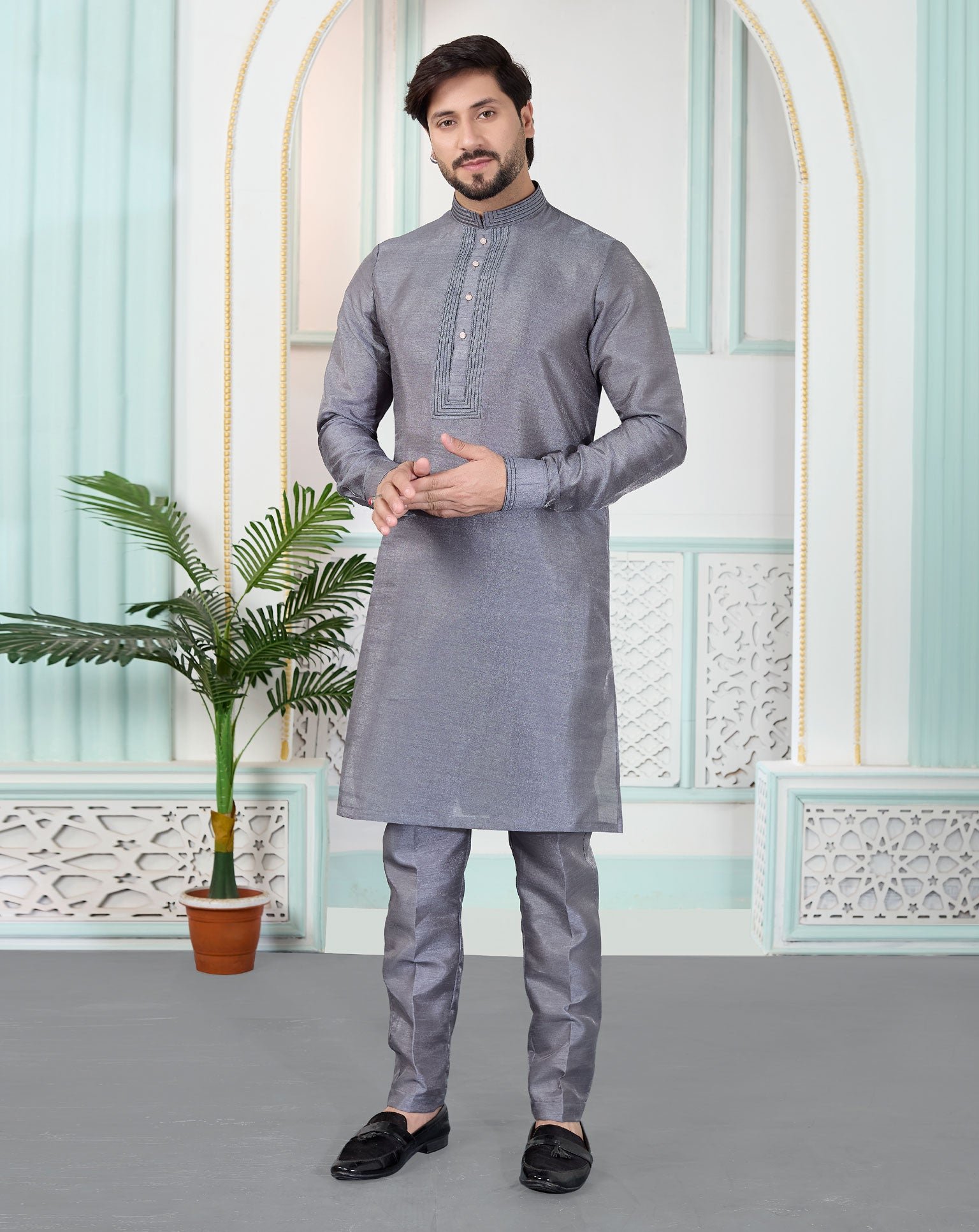 Grey Art Silk Readymade Men Kurta Pajama Set