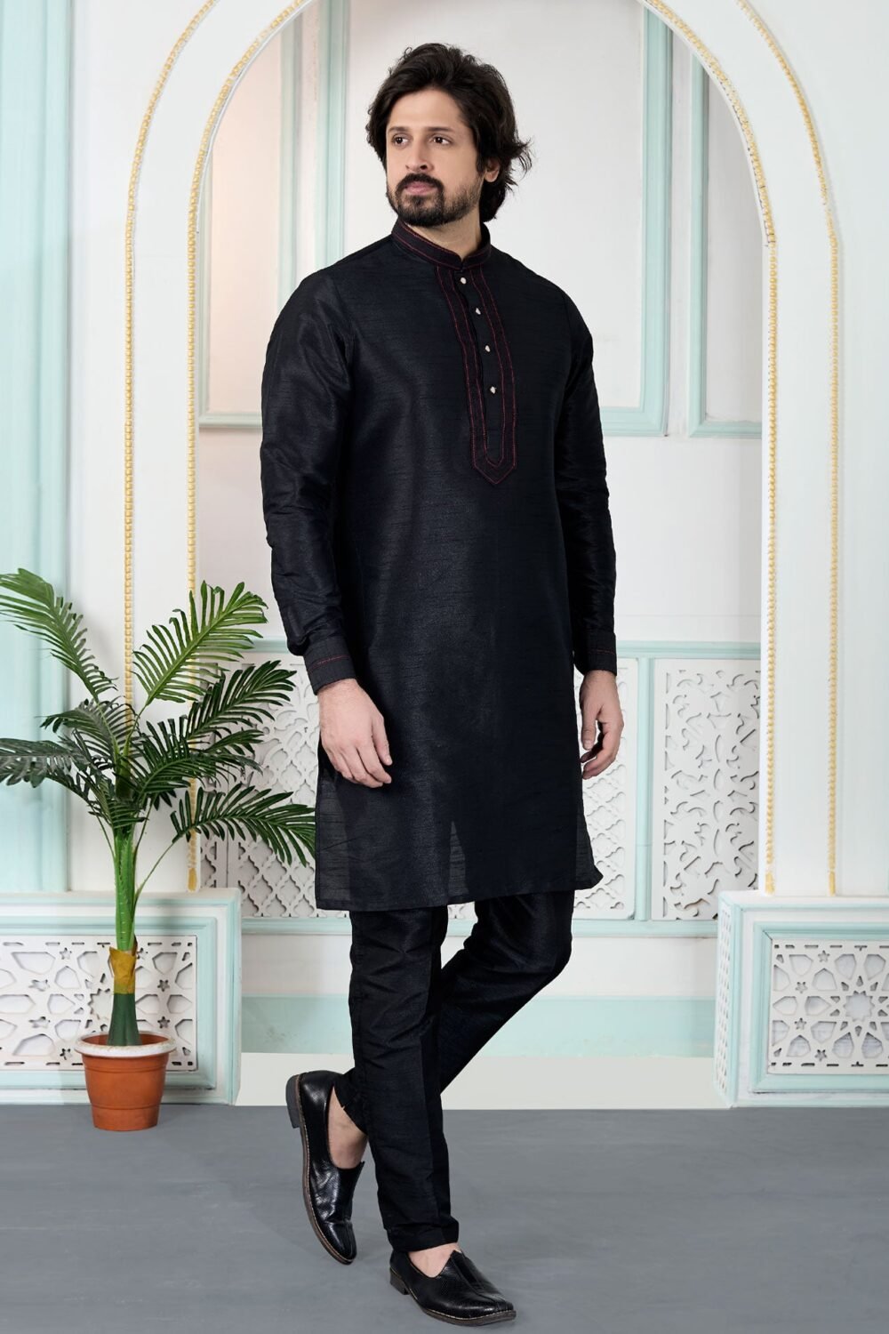 Black Art Silk Readymade Men Kurta Pajama Set