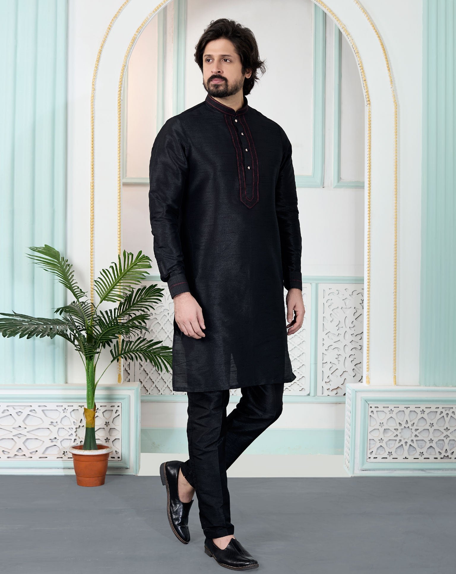 Black Art Silk Readymade Men Kurta Pajama Set
