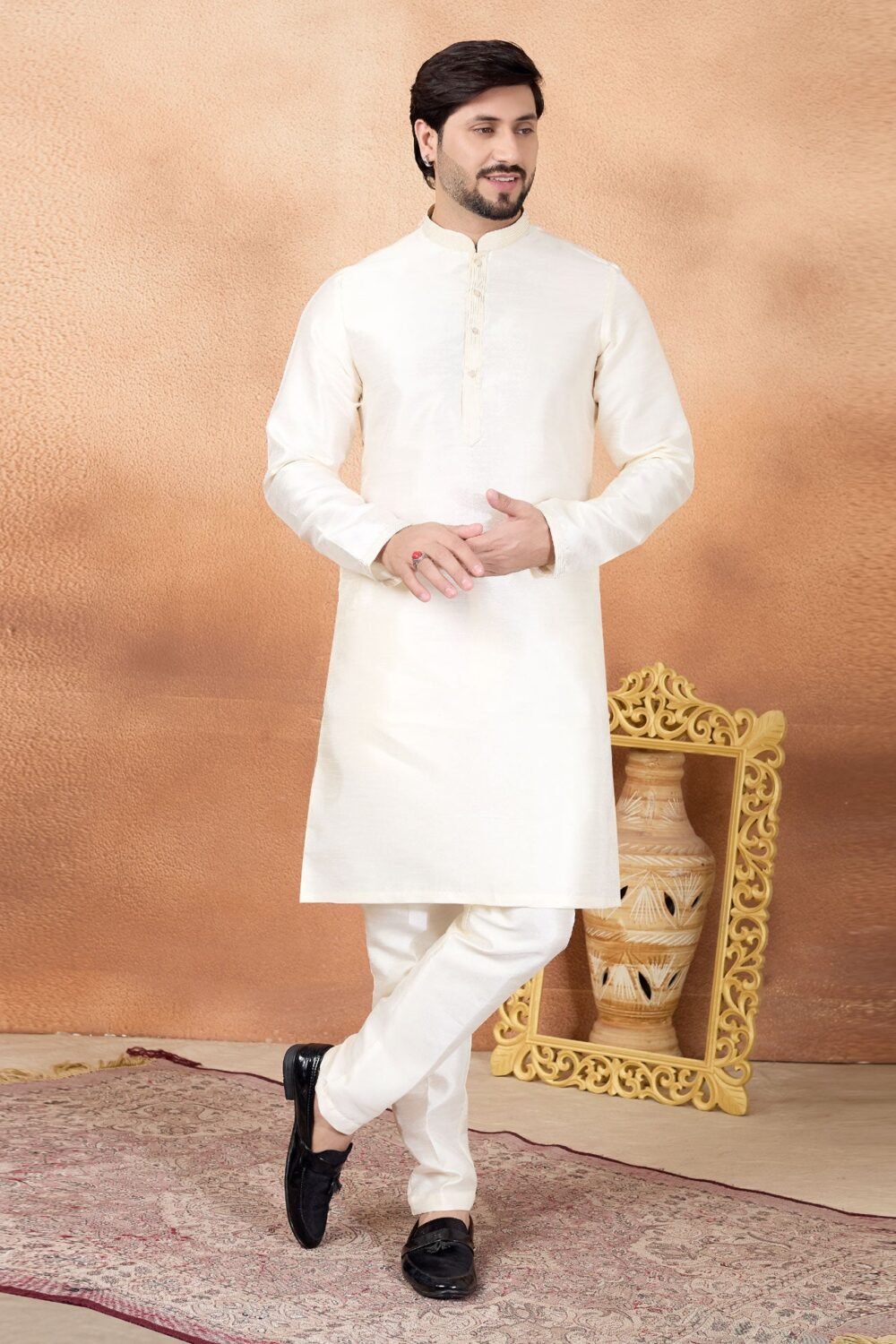 Cream Art Silk Readymade Men Kurta Pajama Set