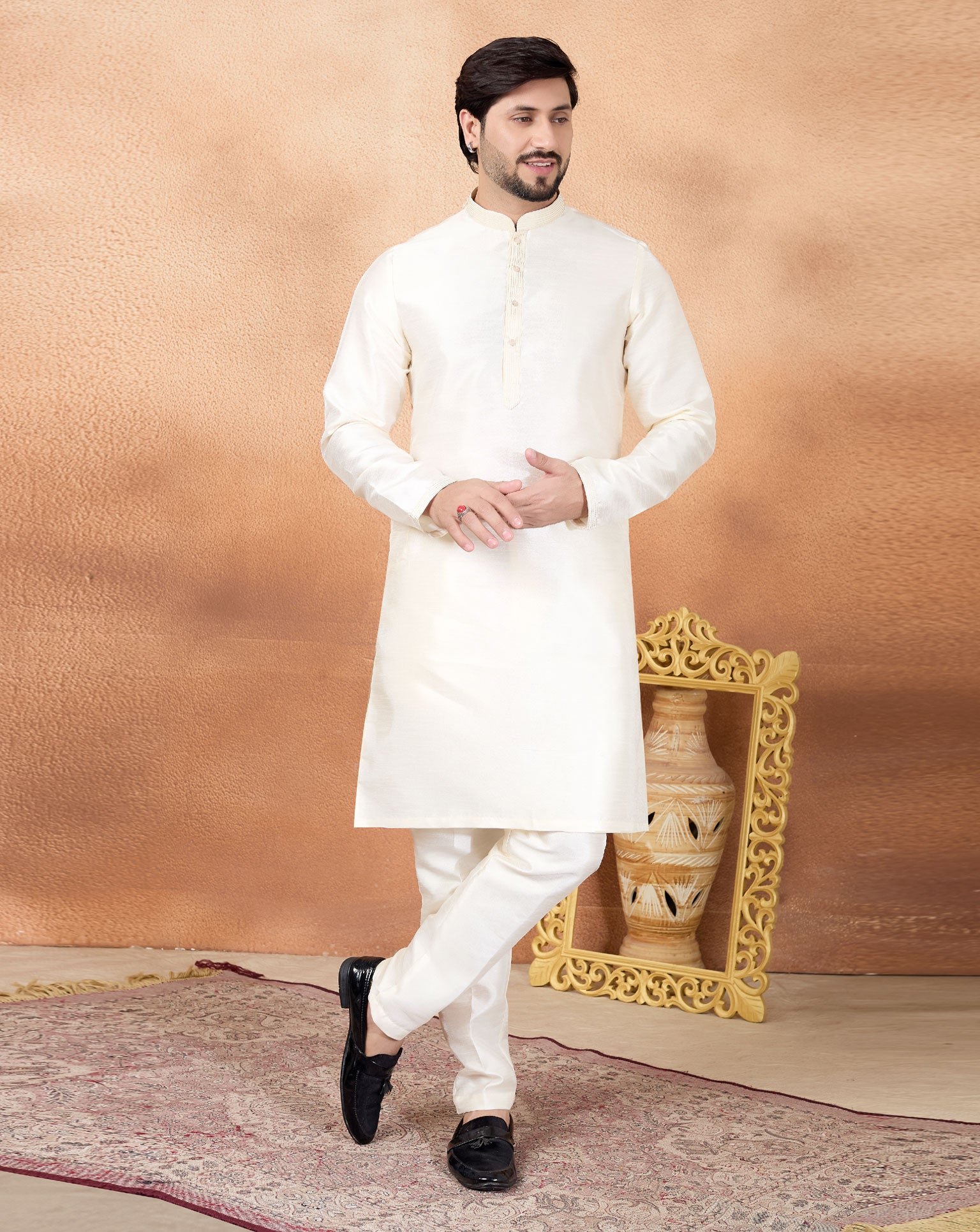 Cream Art Silk Readymade Men Kurta Pajama Set