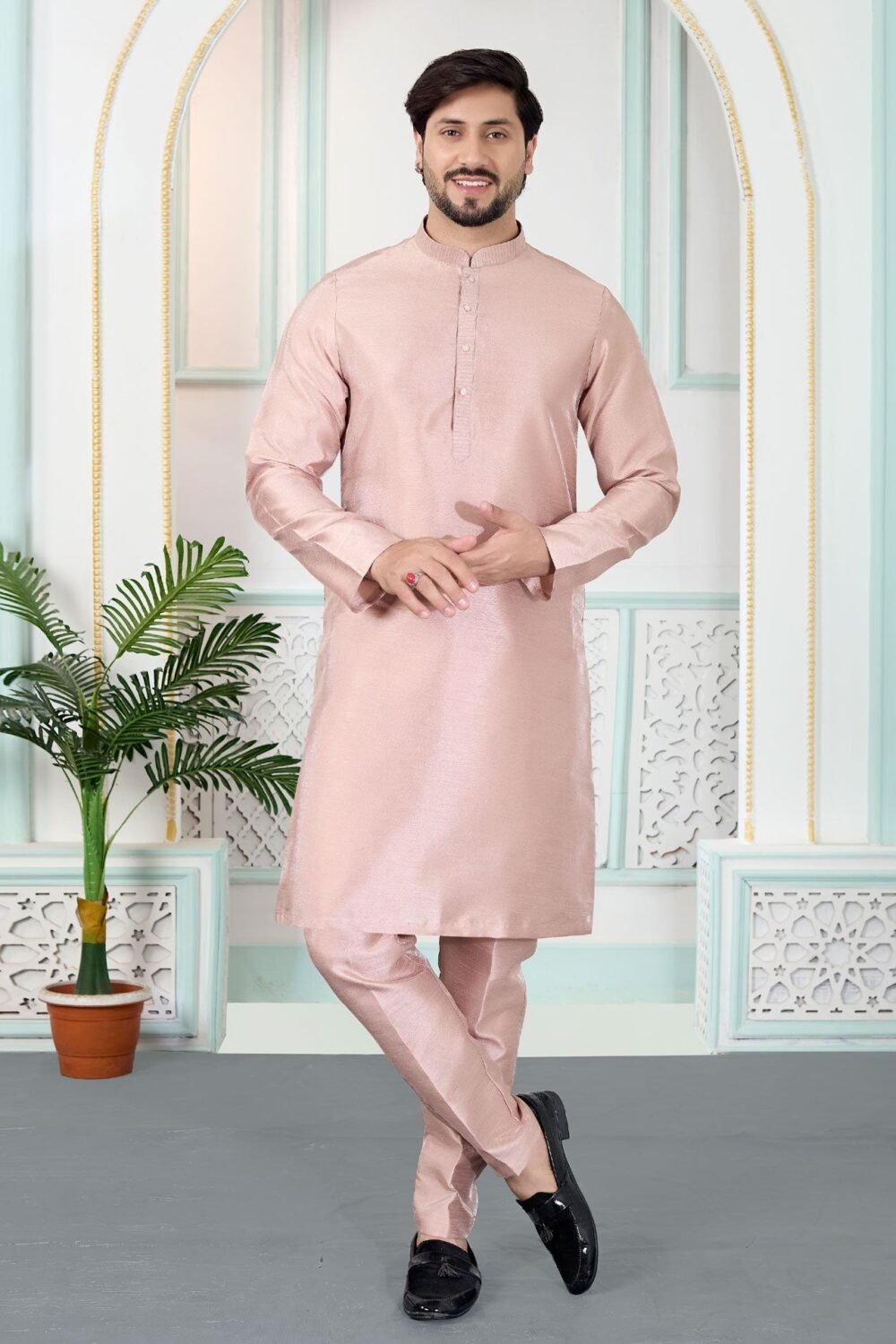 Onion Pink Art Silk Readymade Men Kurta Pajama Set