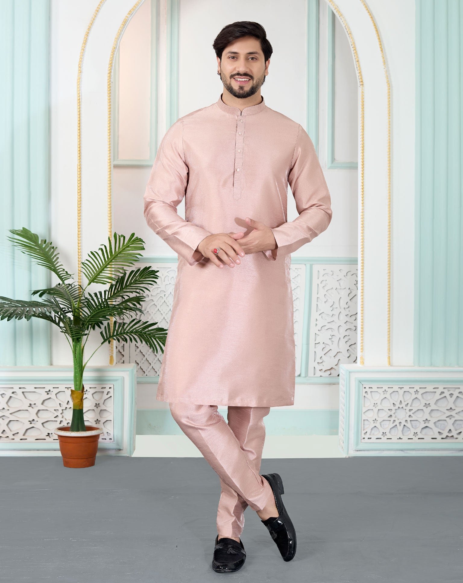 Onion Pink Art Silk Readymade Men Kurta Pajama Set
