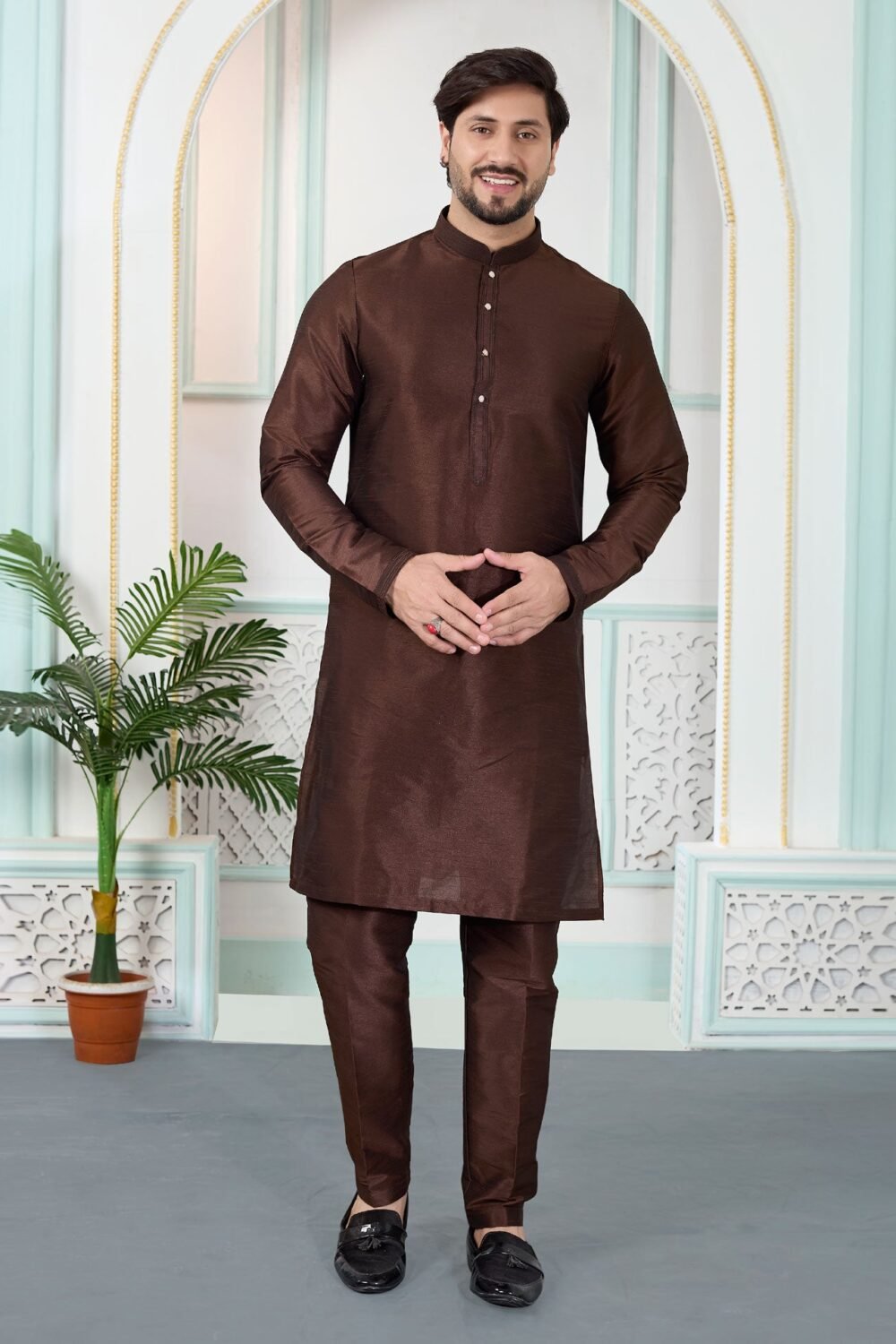 Brown Art Silk Readymade Men Kurta Pajama Set