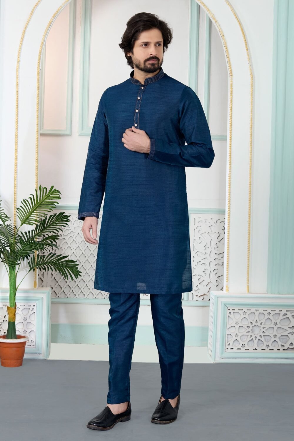 Blue Art Silk Readymade Men Kurta Pajama Set