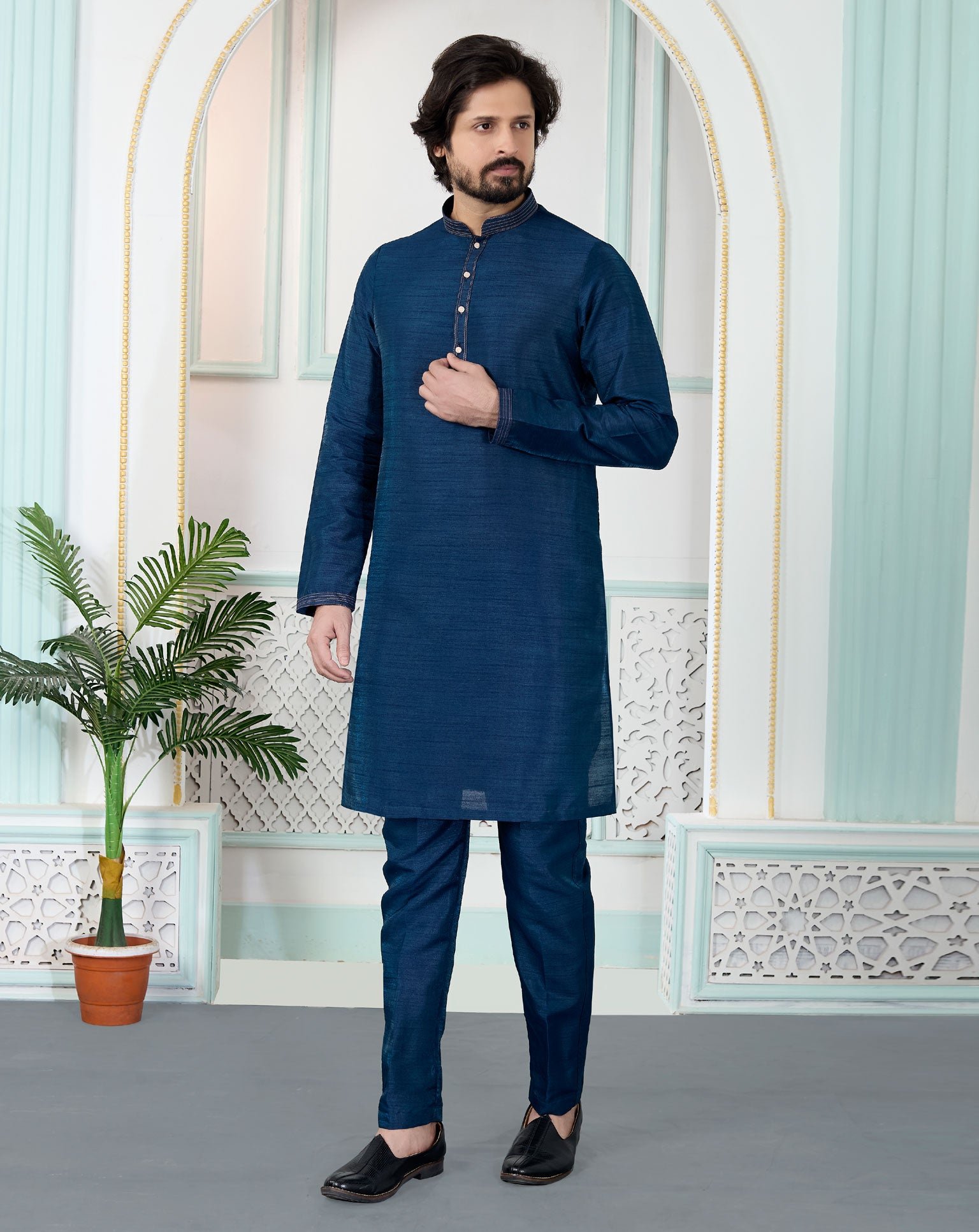 Blue Art Silk Readymade Men Kurta Pajama Set