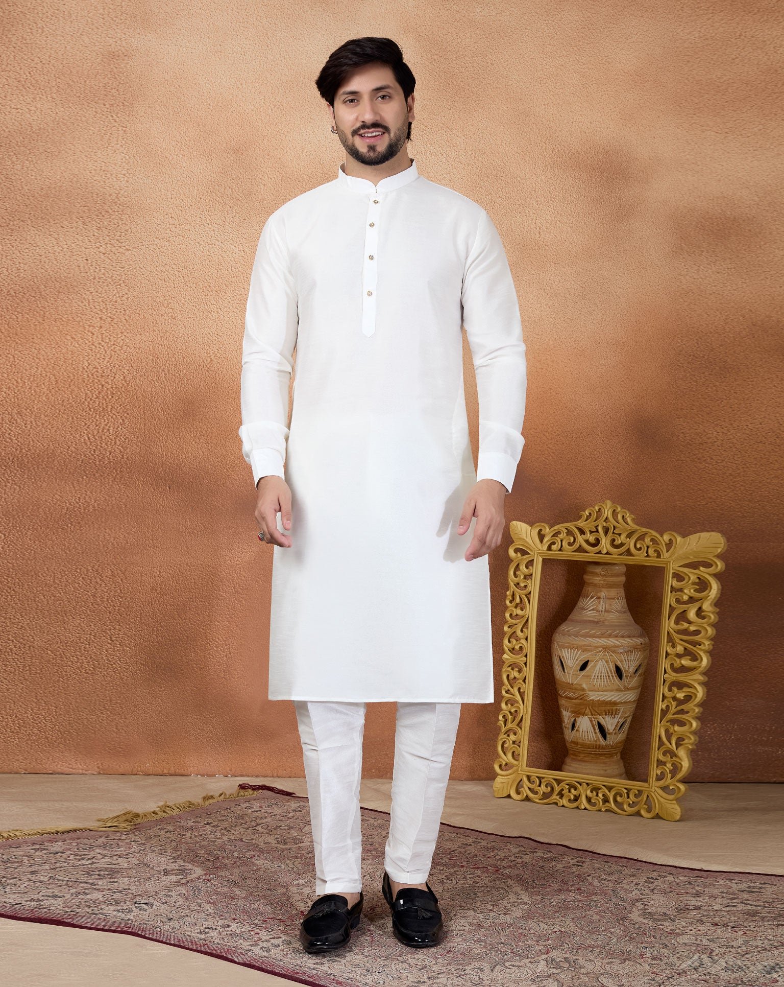 Off White Art Silk Readymade Men Kurta Pajama Set