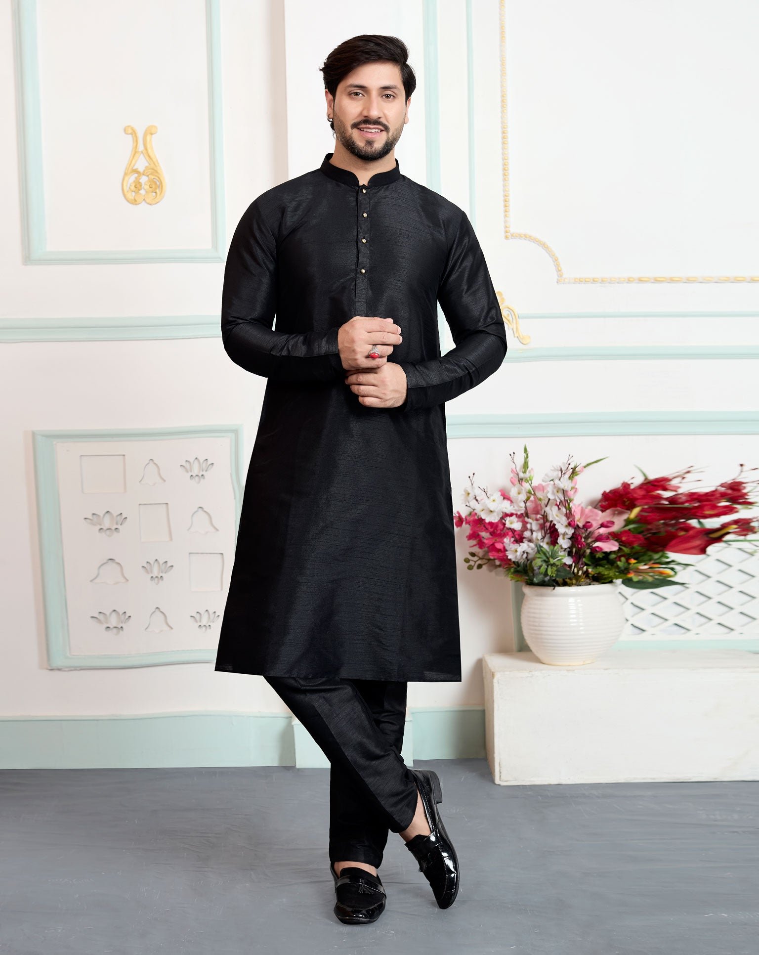 Black Art Silk Readymade Men Kurta Pajama Set