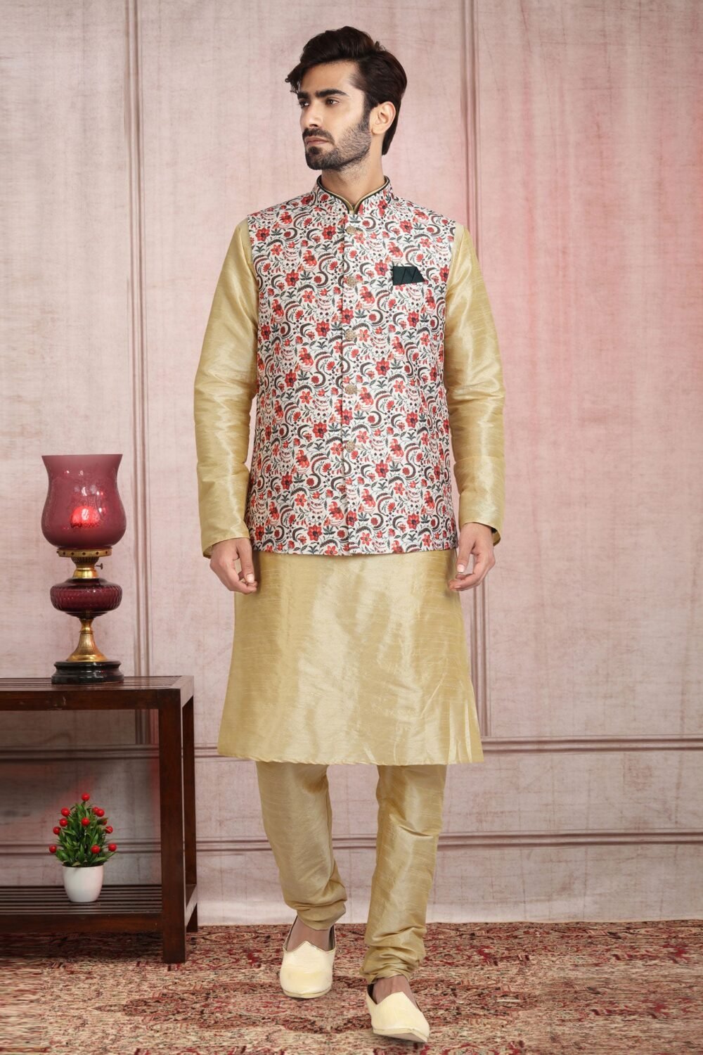 Beige Art Silk Readymade Men Kurta Chruidar Set With Banarasi Silk Jacket