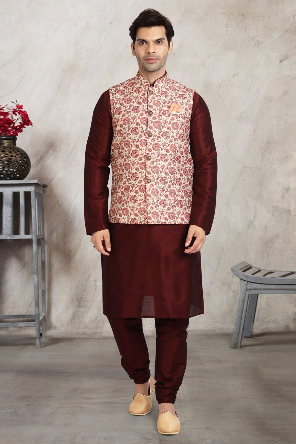 Maroon Art Silk Readymade Men Kurta Chruidar Set With Banarasi Silk Jacket