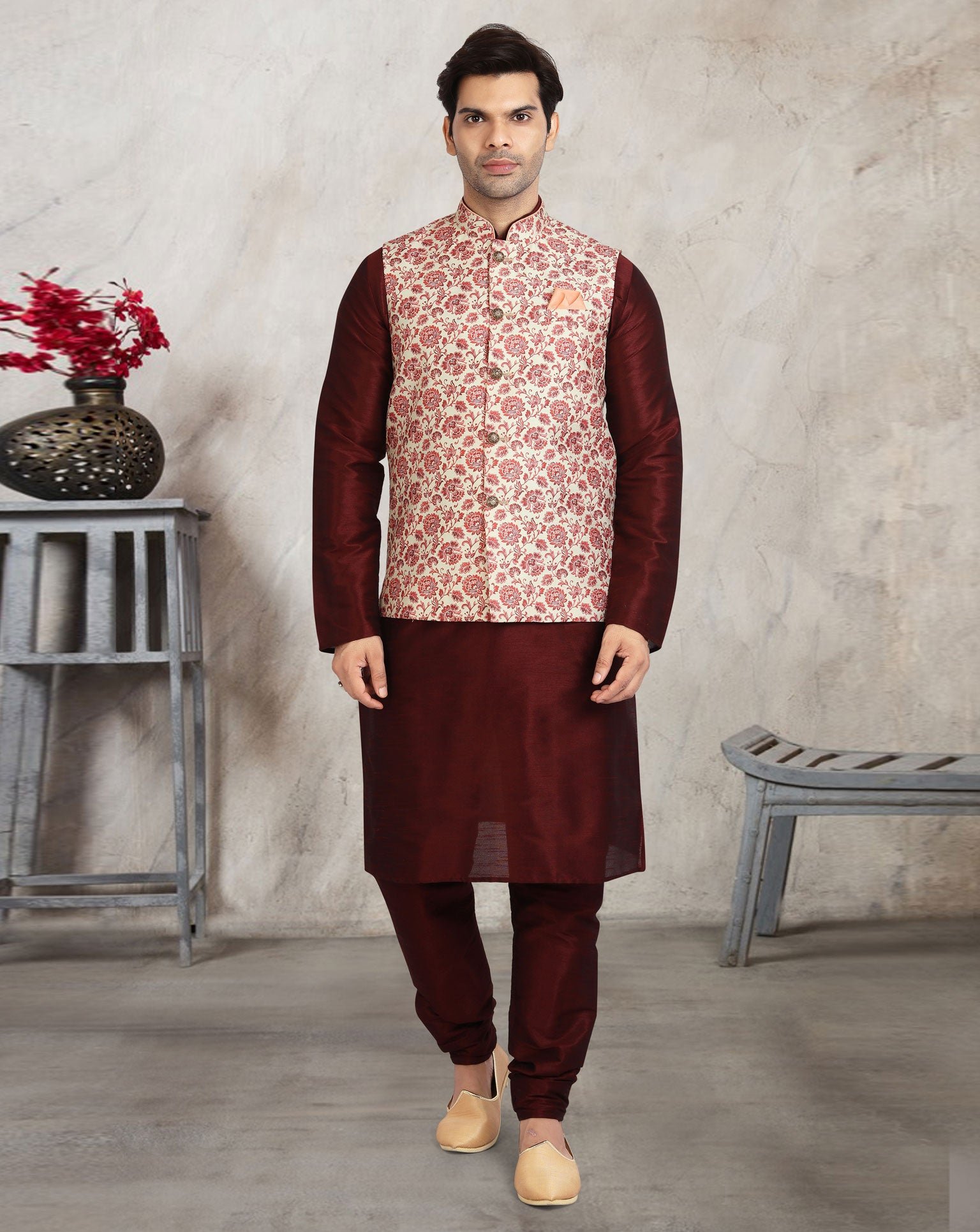 Maroon Art Silk Readymade Men Kurta Chruidar Set With Banarasi Silk Jacket